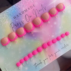 Round Press on toenails neon pink glitter nude French tips handmade gel